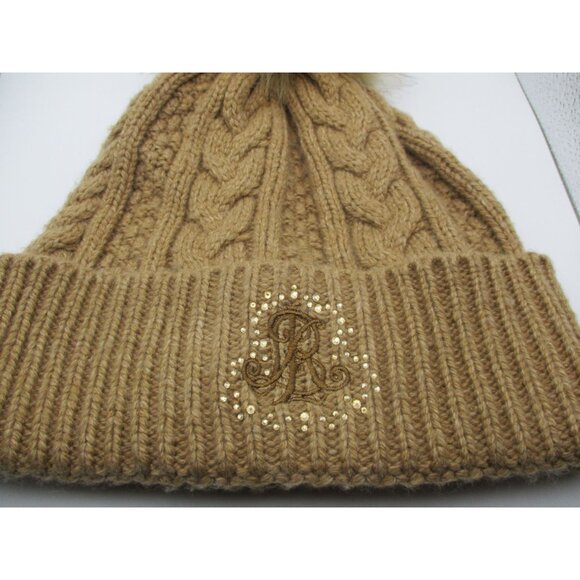 Lauren Ralph Lauren Black Label Tan Knit Beanie W/ Pom & Sequined Logo  Womens‎ main image 5